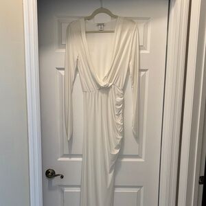 Elegant Cream Long-Sleeve Twist-Front Maxi Dress